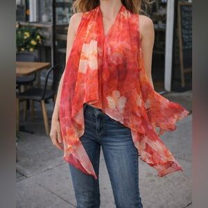 Jeans by Buffalo Floral Asymmetrical Chiffon Wrap Blouse | Sheer Layering Top L